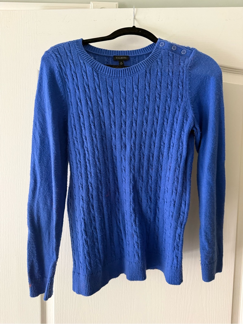 Talbots Cobalt Blue Cable Knit Crewneck Sweater with Shoulder Buttons